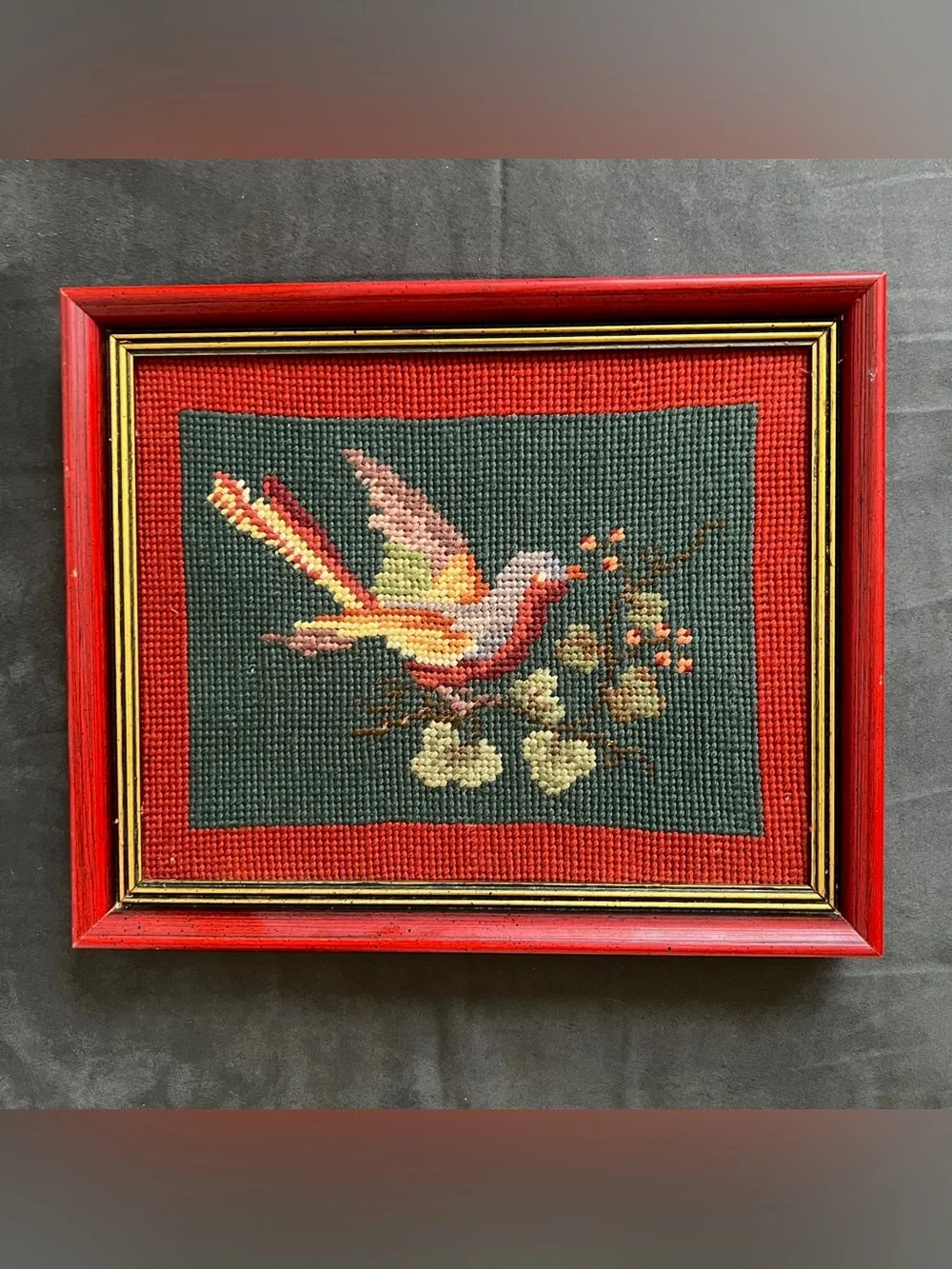 Vintage Framed Bird Needlepoint Wall Art Mid Century Red Wood Frame 8x10